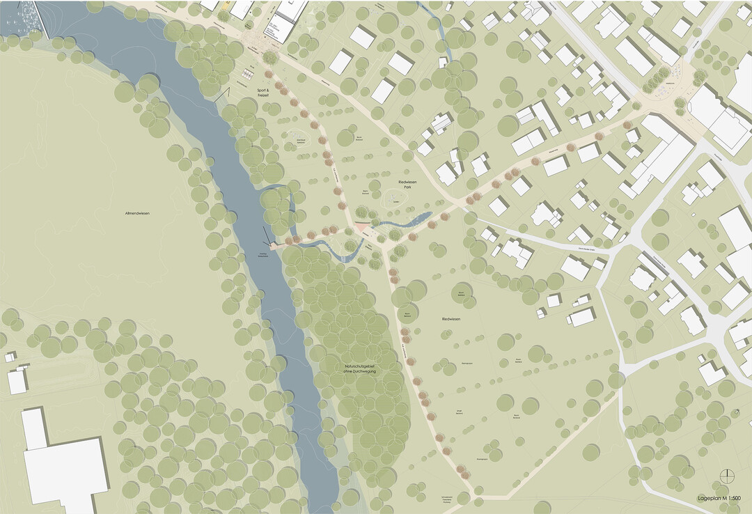 Der Riedwiesenpark verbindet das neue Viertel, die alte Allmendelandschaft und das Wutachufer ber den Wiesenweg mit dem
Ortskern von Lauchringen.(AUSZUG ENTWURFSTEXT)