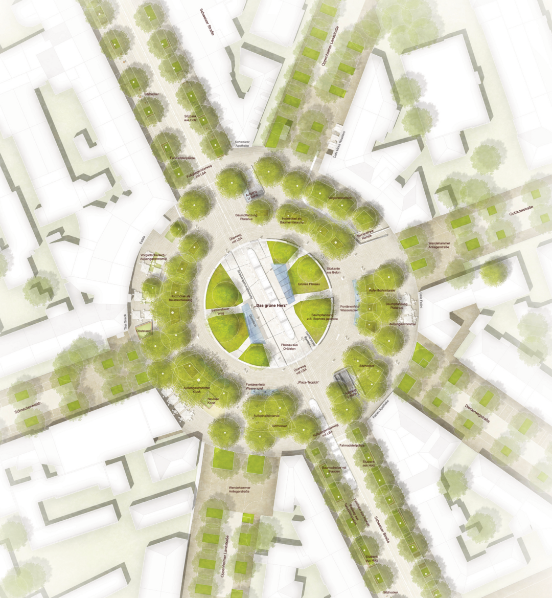 Der Schweizer Platz bildet die stdtebauliche Mitte des Stadtteils Sachsenhausen und wird zum Grnen Wohnzimmer weiterentwickelt. Die Figur des Kreises wird zum tragenden Motiv der neuen Gestaltung. Smtliche Gestaltungselemente werden aus der stdtebaulichen Form entwickelt. Dabei entsteht eine ringfrmige Abfolge von Rumen, ausgehend von der historisch gewachsenen Vorgartenzone an den Gebuden ber eine grn geprgte Aufenthaltszone bis hin zum grnen Herz, das die Straenbahnhaltestelle aufnimmt. (AUSZUG ERLUTERUNGSBERICHT faktorgruen)