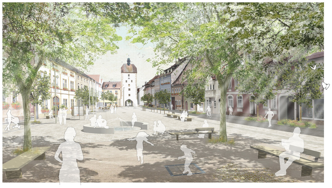 Am Platzende des Marktplatzes, wo sich das ehemals stdtebaulich dominierende Rathaus in charakteristischer Mittelstellung befand, entsteht unter 6 Grobumen ein schattiger Aufenthaltsraum, der auch fr brgerliche Aktivitten aller Art genutzt werden kann (Bhne, Ausstellung, Verkauf, u.a.). AUSZUG ENTWURFSTEXT