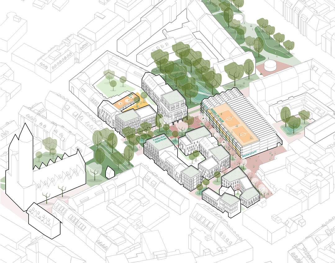 Im Kreuzungspunkt der beiden Hauptdurchquerungen des Quartiers entsteht als neues urbanes Zentrum der neue Quartiersplatz. Gebndelte ffentliche und urbane Funktionen wie Familienzentrum und Quartiersmanagement gepaart mit gastronomischen Angeboten und Galerieflchen tragen zu einem quartiersbergreifenden belebten stdtischem Aufenthaltspunkt bei. Der Groe Hof, mit seinem prgenden Baumdach als zentrale Grnflche im Quartier, bernimmt neben der wohnraumbezogenen Freiflchenqualitt viel Freiraum fr die Aneignung und Selbstgestaltung durch die Bewohner. Gleichzeitig stellt er durch eine vollstndige Entsiegelung einen wichtigen Baustein fr die Regenrckhaltung und Klimaanpassung dar. Im Osten des Quartiers bildet die Hof Galerie mit Ausstellungs- und Veranstaltungsflchen das Fenster fr unser neues Kreativquartier zur Stadt.  AUSZUG ENTWURFSTEXT