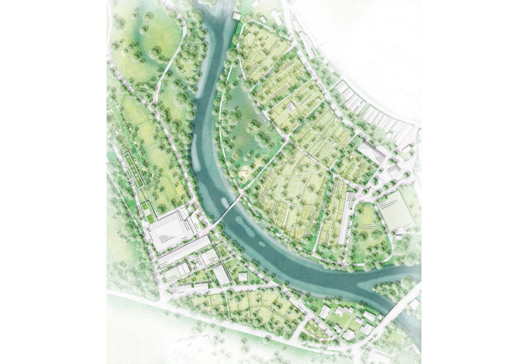 Im stadtseitig liegenden Bereich des Gartenerbes werden die Gartenstrukturen der Brgergrten sehr feingliedrig dargestellt. Die VerfasserInnen schlagen vor, den westlichen Bereich etwa als Viertelkreis aus den genutzten Brgergrten heraus zu lsen und extensiv als Retentionsraum dem Fluss zurckzugeben. Diese Idee wird aufgrund der 800-jhrigen Geschichte der Grten auch aufgrund der Rckverlagerung des Hochwasserschutzdamms sehr kontrovers diskutiert. Einerseits wird der Verlust historischer Grten bemngelt, andererseits wird die Chance auf einen bisher in Vaihingen nicht vorhandenen grozgigen Zugang und die ffnung zum Fluss gesehen (...) Der neu angelegte Kpfwiesenplatz stellt einen passend dimensionierten Verbindungspunkt zur Altstadt dar. Im Bereich der Kpfwiesen wren am Ufer weitere Attraktionen wnschenswert. (AUSZUG JURYPROTOKOLL)