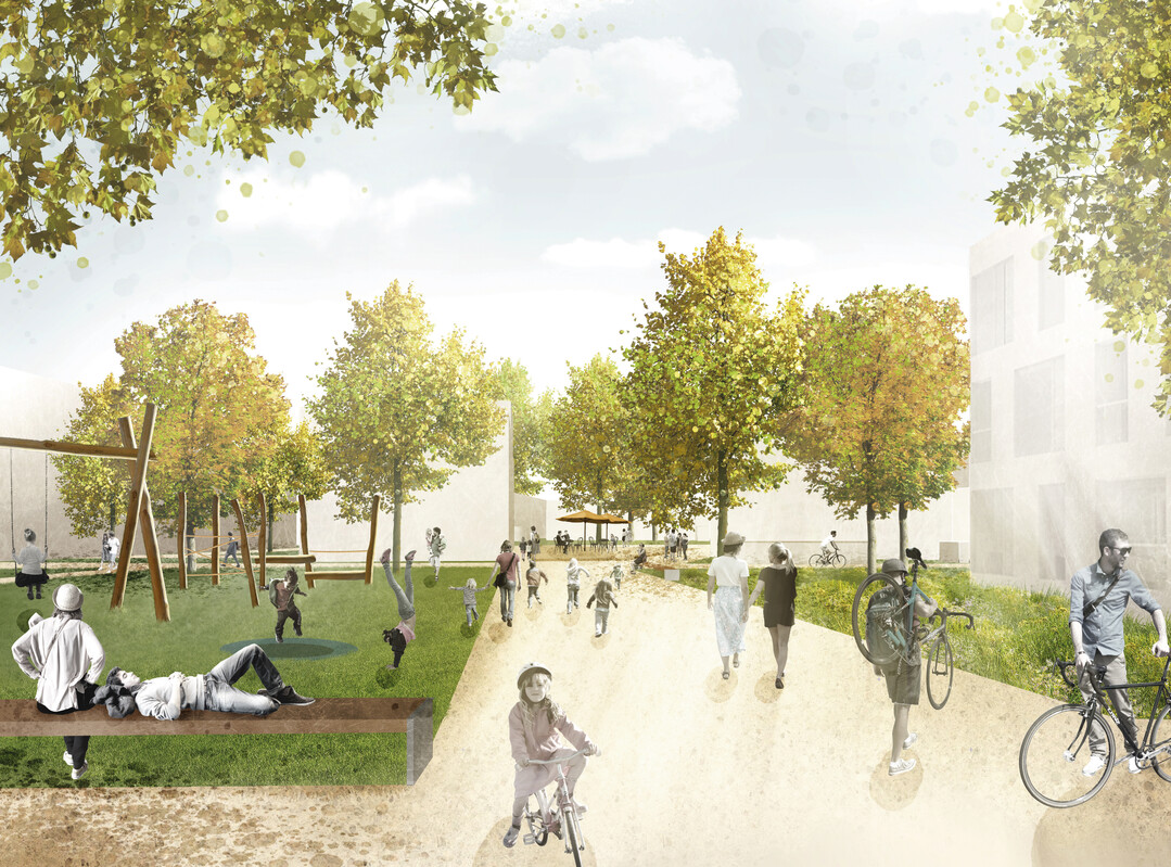Der Quartiersplatz als grner Salon und die Quartiersspange als grnes Rckgrat des Quartiers bilden starke Freiraumstrukturen und Gelenkpunkte. Sie verknpfen das urbane Wohnen mit den nachbarschaftlichen Angeboten.