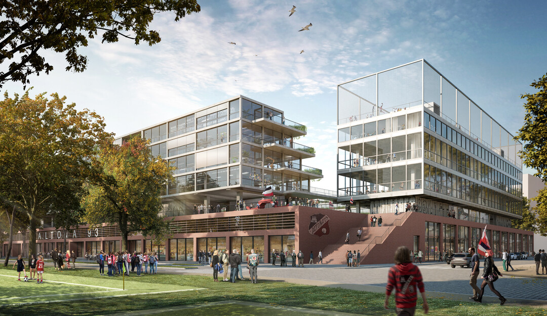 Das Regionalligastadion wird das Zuhause des Hamburger Traditionsvereins Altona 93. Mit ppig begrnten Terrassen und einem Sockel aus Backstein lsst es den Eindruck eines Spielfelds im Grnen entstehen. Alte Schiffscontainer bieten Raum fr ein Museum, Gastronomie und sanitre Anlagen. So entsteht eine industriell anmutende Atmosphre, die viel Raum fr eigene Gestaltung des Vereins und Aneignung durch die Fans ermglicht. In einem angrenzenden Sporthaus, dessen begehbares Dach als Sportflche genutzt werden kann, sind weitere Vereinsnutzungen und Sportangebote wie eine Kletterhalle geplant.(AUSZUG gmp)