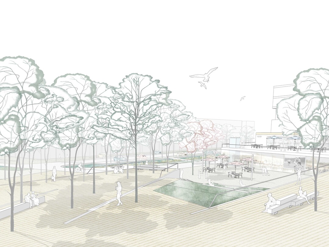 Der untere Stadtplatz mit dem Eurospar-Geschftszentrum und der Verweilzone auf dem Platz vor der Terrassenlandschaft zum Oberen Platz. Im Bedarfsfall auch der Public Viewing Bereich.
Im Westen der Folly mit dem Themenpark Bunte Bume vor dem Gemeindeamt.
In der Platzmitte liegt das bepflanzte Wasserbecken, eine berhhte Brcke fhrt darber. Als Rckhaltebecken versorgt es auch die kleinen und groen Grnflchen im und um das Zentrum mit Wasser, und leitet berschssiges Wasser in den sdlichen Autal-Bach. (AUSZUG ENTWURFSTEXT)
