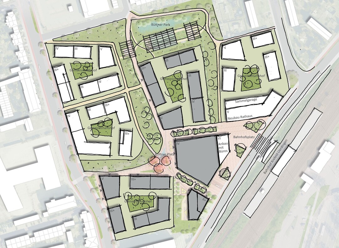 Mobilitt:
Kern des Konzeptes ist die autofreie Gestaltung des Quartiers. In einem Mobility-HUB wird der ruhende Verkehr zentral organisiert. Um den MIV-Bedarf zu senken, sind im Erdgeschoss zahlreiche Bike- und Car-Sharing-Angebote untergebracht, ebenso wie Ladesulen fr die E-Mobilitt. Auf vier Ebenen befinden sich ca. 246 PWK-Stellpltze. An der Lange Strae befindet sich die Zu- und Ausfahrt des neuen Mobility-HUBs. Der aktuelle Straenquerschnitt der Lange Strae bietet bei Bedarf Platz fr eine Abbiegespur zum HUB.
Die Anlieferung/ Andienung der Stadtverwaltung Krefeld und des Glasverarbeitungsbetriebes erfolgt von der Parkstrae und ist durch einen grozgigen Grnstreifen von dem autofreien Wohnquartier getrennt. Straenbegleitend sind Stellpltze fr Mitarbeiter*innen und Besucher*innen angeordnet.
In den Erdgeschossen aller Gebude befinden sich ebenerdige Fahrradabstellrume, die eine barrierearme Nutzung ermglichen. (AUSZUG ENTWURFSTEXT)