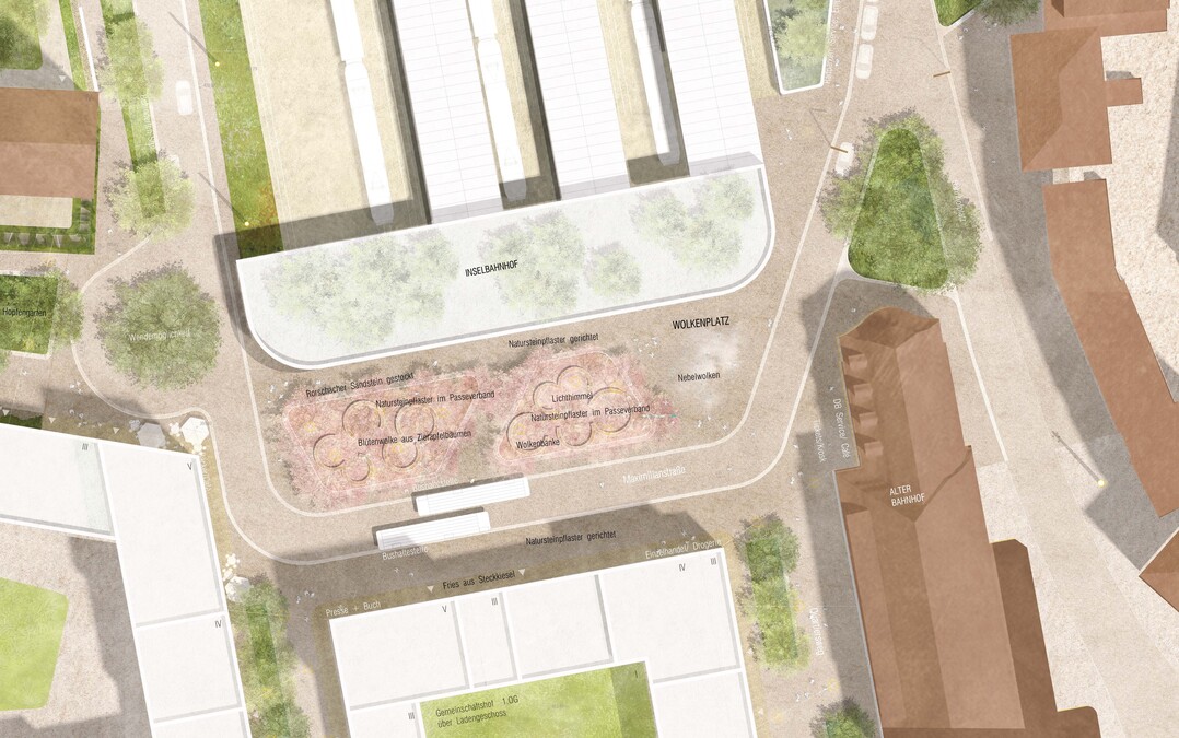 Der Bahnhofplatz als sogenannter Wolkenplatz bildet
richtigerweise in der Gewichtung das zentrale Herz der
Platzabfolgen. Mit dem lockeren Bltenhain entsteht eine
sehr attraktive Ankunfts- und Abreisesituation fr die
Besucher. ber den Nebelbrunnen erfolgt zwar eine gewisse
Verbindung zum ehemaligen Bestandsgebude Alter
Bahnhof, dies knnte jedoch im Hinblick der angestrebten
Funktion als Zukunftsbahnhof im Sinne einer
stdtebaulichen Verflechtung wesentlich deutlicher ausfallen.
Der geforderte Witterungsschutz fr den Bushaltebereich
fehlt. AUSZUG JURYPROTOKOLL