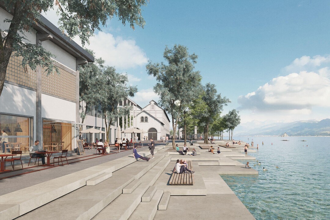 Bei der Kantonsschule im stlichen Bereich des Areals ist ein Platz vorgesehen, der ber eine grosszgige Stufenanlage mit Terrassen zum Wasser fhrt. Auf dem Areal werden zwei weitere Zugnge zum Wasser projektiert. Ergnzt wird der Platz mit einer Spielwiese mit Picknickstellen. Anschliessend folgt das durchgehende Parkband: Den Auftakt bildet eine Liegewiese, die an den sogenannten Zeitzeugen angrenzt.