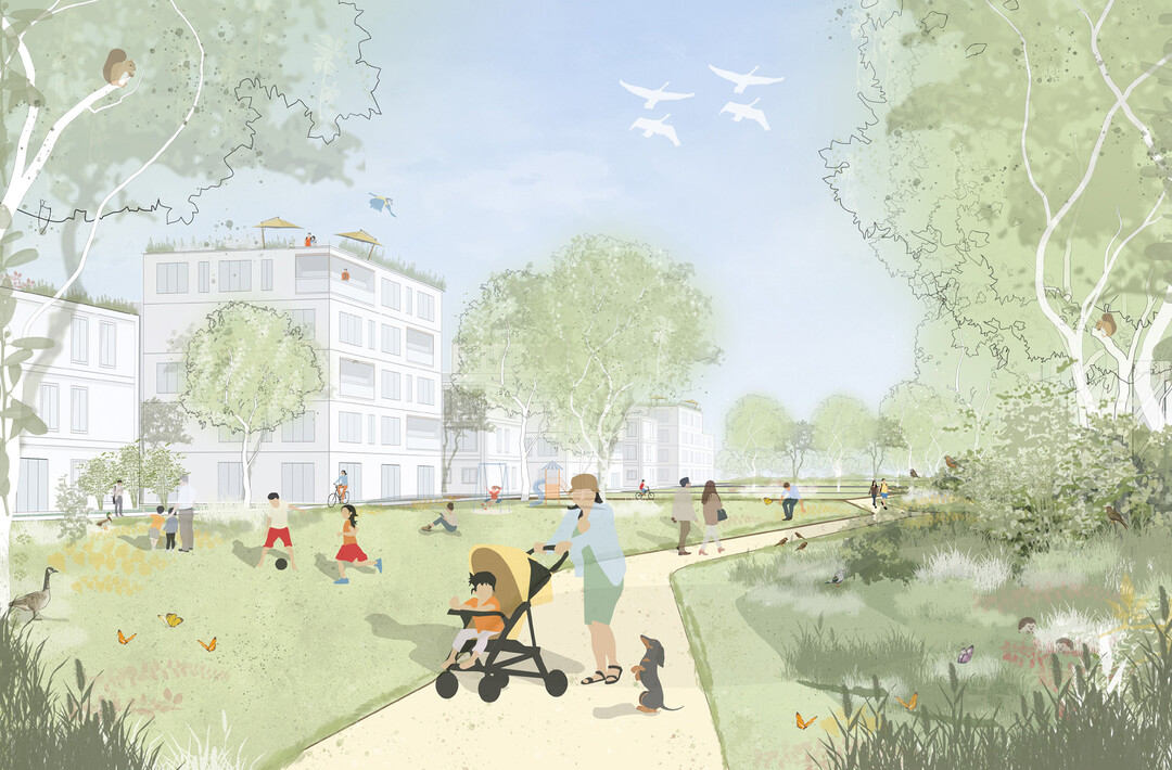 Die beiden Grnzge prgen das Quartier und werden als die identittsstiftenden Freiraumelemente sowie qualittsvolle Biotopvernetzungen herausgearbeitet. Durch die angrenzenden Grnstrukturen bekommen sie ihren jeweils individuellen Charakter und werden so als Grnzug an der Wallhecke und als Grnzug am Kaiserbusch ausgebildet (...) Zu den angrenzenden Gehlzstrukturen wird eine ausreichend dimensionierte Pufferzone ausgebildet. Hier werden zustzliche Baumsetzungen und Nutzungsangebote wie Urban-Gardening vorgeschlagen. Innerhalb der Teilquartiere werden die privaten Vorgrten geprgt durch eine artenreiche Saumpflanzung und Versickerungsflchen, die als Pufferzone zwischen Privat und ffentlich vermittelt. AUSZUG ENTWURFSTEXT