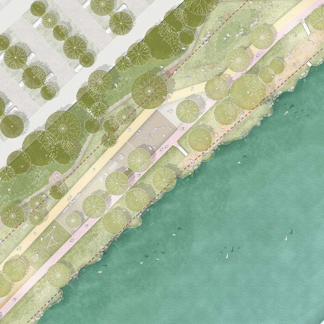 Gem der Idee, Altes und Neues zu verbinden, schafft die Volksgartenallee eine markante Verbindung zwischen Stadthalle und Traun und bringt so den Fluss als prgendes Element der Stadt ein Stck nher. Im neuen Park gibt es drei gut lesbare Zonen. Die erste Zone bildet entlang des Ufers einen Bewegungsraum fr Sportler und Spaziergnger.(AUSZUG ENTWURFSTEXT)