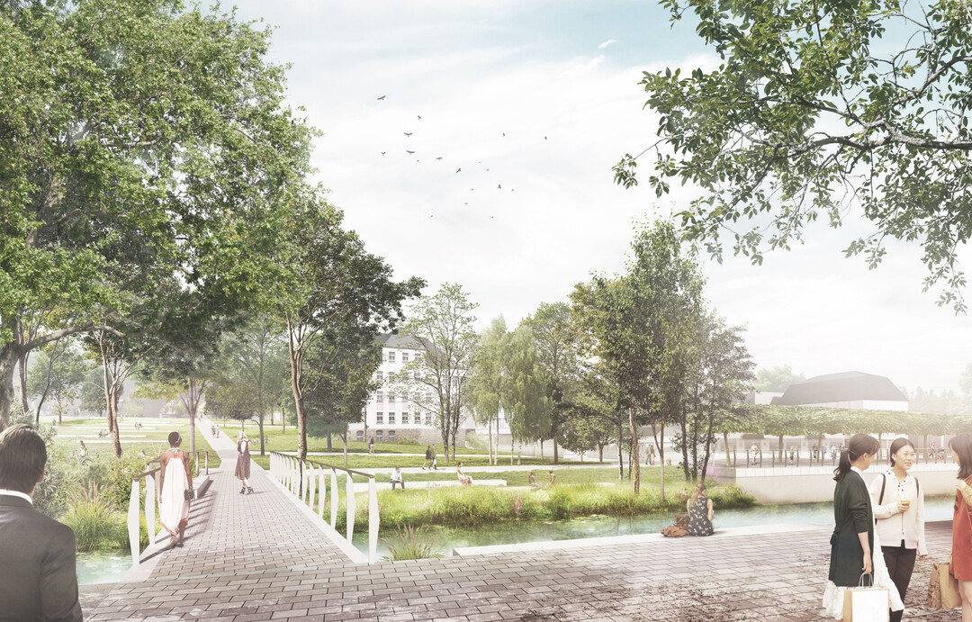  Whrend sich die Bigge vor der Industrialisierung noch mandrierend durch den breiten Talraum geschlngelt hat, ist sie heute in groen Teilen begradigt und liegt ca 2-3 m tief im Flussbett. Das fhrt dazu, dass die visuelle Wahrnehmung eingeschrnkt ist. Vor diesem Hintergrund soll es am Bereich Vorplatz neues Brgerrathaus und gegenber am Stadtbalkon die Mglichkeit geben, den Fluss wieder direkt und unmittelbar ber Sitzstufen in der Bschung und ber ein Holzdeck am Mndungsbereich der Olpe erlebbar zu machen. 
Auf dem Weg von Norden in die Stadt soll ein kleiner Balkon als Rastplatz dienen. Auch von hieraus kann die Bigge beobachtet werden. AUSZUG ENTWURFSTEXT