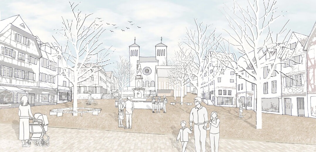 Der Stadtraum wird durch einen neu gesetzten Baukrper strukturiert und gegliedert, der dem historischen Marktplatz eine rumliche Fassung gibt. Der offene Blick nach Osten wird gefasst und durch den dreigliedrigen Baukrper geschickt in die Tiefe gestaffelt. Das Parkhaus wird in den Hintergrund gerckt, die bisherige Exponiertheit der Kirche angemessen aufgefangen. Der Baukrper greift  ohne historisierend zu sein  die Krnung des umgebenden Bestandes auf. AUSZUG JURYPROTOKOLL