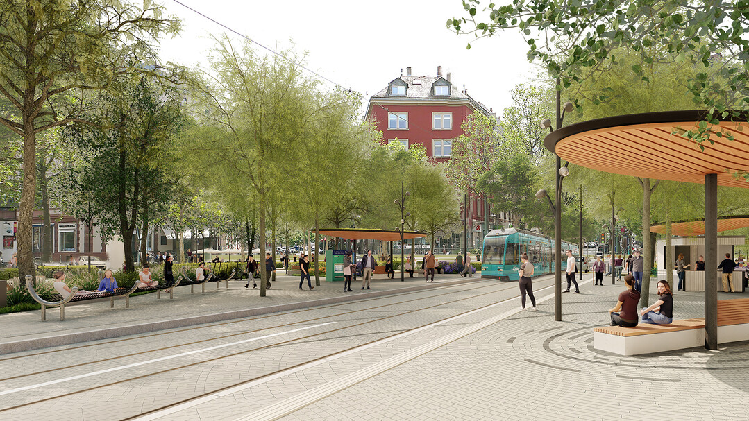 Betonelemente mit Holzsitzauflagen in unterschiedlichen Variationen oder freistehende Bnke derselben Produktlinie prgen am Schweizer Platz und an der Strae ein durchgngiges und wiedererkennbares Erscheinungsbild. Die Sitzelemente konzentrieren sich entlang der Grnringe und bieten differenzierte Aufenthaltsrume an. Das Angebot zum Verweilen wird grozgig durch urbane Spielangebote, gemtliche Hngematten und die Auenbereiche der Restaurants ergnzt und spricht somit alle Generationen an. (AUSZUG ENTWURFSTEXT AS+P)