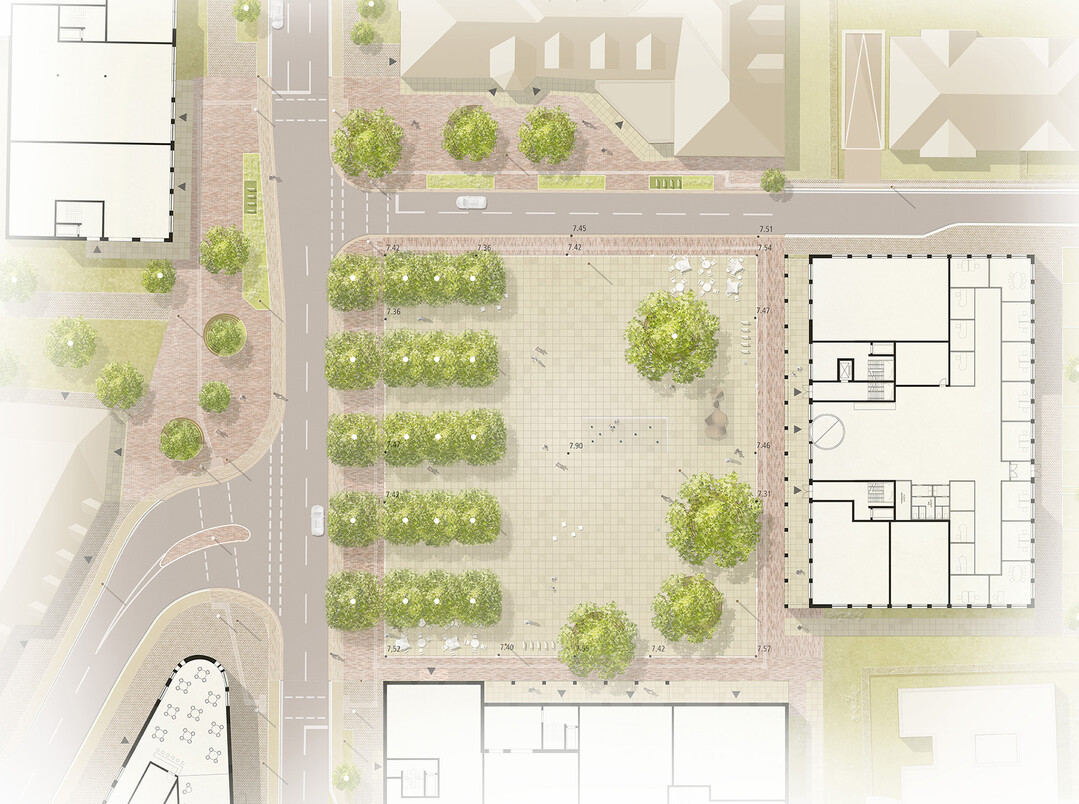 Der "Lindenhain" prgt die westliche Platzhlfte. Fnf parallel angeordnete Baumreihen trennen hier den Marktplatz von Bremer, Syker und Bassumer Strae. Sie bilden nicht nur eine visuelle Abgrenzung, sondern dienen auch als natrlicher Lrm- und Feinstaubfilter. Durch hohe Aufastung und lockere Kronen bleibt die Wahrnehmung des Platzes in seiner vollen rumlichen Ausdehnung erhalten. Die Mblierung mit paarweise verbundenen Sthlen erlaubt eine flexible Aneignung des Bereiches - hier ist ein kleines Kaffeekrnzchen ebenso mglich wie eine spontanes Boulespiel. AUSZUG ENTWURFSTEXT