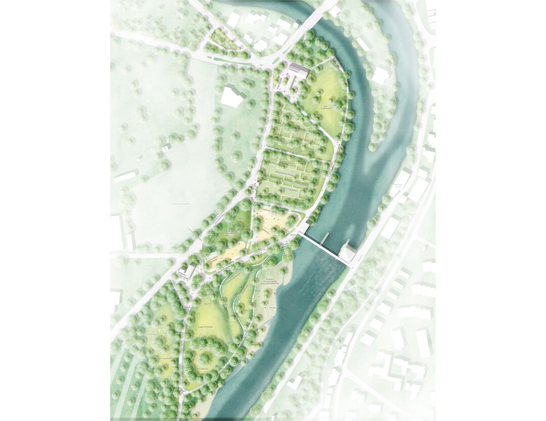 Die Freizeit- und Flusslandschaft schliet die Enzpromenade nach Sden ab. Wnschenswert wre eine strkere freiraumplanerische rumliche ffnung im Bereich Brcke Auricher Strae. Spannungsvoll wechseln sich wieder offene und verdichtete Rume bis zum Rondell ab. Der Bereich der Gartenparzellen ist inhaltlich gut strukturiert. Dies betrifft auch die sdlich anschlieenden Freizeitanlagen mit Biergarten, die sich an die Walter de Pay Strae anlagern und den Raum zur Enz hin mit Wiesenflchen und grozgigen Enzterrassen freihalten. Das Rondell mit seiner historischen Tradition ist fr die Maiveranstaltung ("Maientag")mit ausreichend breiten Wegen gut erschlossen. (AUSZUG JURYPROTOKOLL)