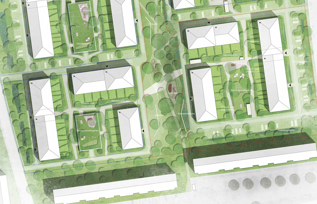 Im Wohnhof 1a sind fr die Anwohner zwei Laubenhuser vorgesehen, um Fahrrder und Mllcontainer unterzubringen. Zustzlich gibt es in der Hofmitte ein kleines Gartenhaus um Gartengertschften und -mbel unterzubringen.  Die Hfe besitzen halbffentliche Freiflchen, wie einen Hofplatz, Nachbarschaftsgarten und Gemsegrten und generieren so Freizeit- und Erhohlungsfunktionen fr die Anwohner. (AUSZUG ENTWURFSTEXT)