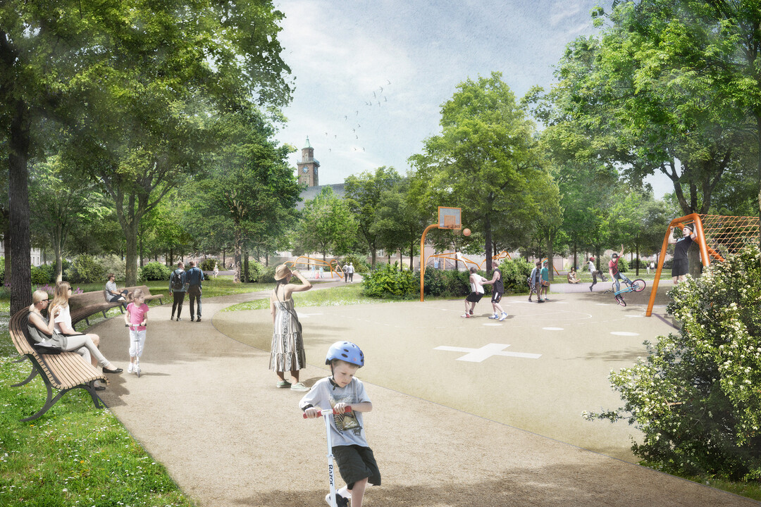 Die Flche zwischen Rathaus und Amtsgericht entwickeln die Planer*innen als Entreeplatz fr die
Parkanlage. Dies ist im Sinne der stadtrumlichen Verbindung zum Friedrich-Ebert-Platz und zu den
dort knftig angesiedelten Nutzungen ein sinnvoller und zukunftsweisender Beitrag, obwohl der
Bereich auerhalb des Plangebiets liegt. Gleiches trifft auf die Retentionsflche im Westen des
Plangebiets zu.(AUSZUG JURYPROTOKOLL)