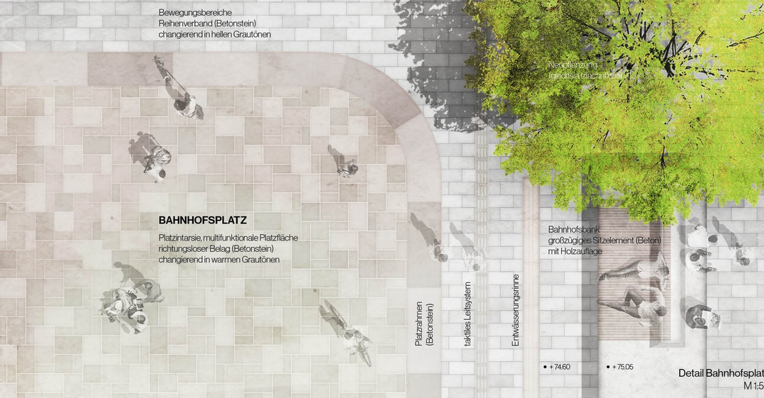 Detail Bahnhofsplatz: Kommunikative Sitzkanten und eine Flche mit wassergebundener Wegedecke unterstreichen den Wohlfhlcharakter des Platzes. An der sd-stlichen Kante des Platzes definieren zwei groe, beidseitig nutzbare Sitzelemente den flieenden bergang zum Busbahnhof und funktionieren als subtiles Bindeglied der beiden Rume.