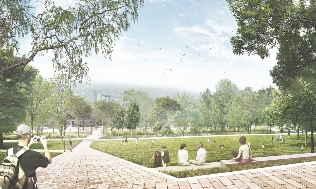Der neue Brgerpark an der Olpe soll den Bewohnern der angrenzenden Wohnquartiere als Treffpunkt und Naherholungsort dienen. Aber auch fr Radtouristen aus der Region kann er ein beliebter Zielpunkt entlang der Hauptrouten sein (...) Die direkte Lage am Fluss gibt dem Park seinen Namen und impliziert zugleich seinen naturnahen Bezug zum Auenraum der Bigge. Vor diesem Hintergrund ist der Park einfach gehalten und nur mit wenigen Ausstattungselementen ergnzt. Die weiten Wiesenflchen knnen als Retentionsraum bei Hochwasser und Starkregenereignissen dienen. In den regenarmen Monaten ermglichen sie Sport oder Sonnenbaden. Die vorhandene Topografie des Gelndes wird genutzt, um einen rumlichen Rcken in Richtung Stadt auszubilden. AUSZUG ENTWURFSTEXT