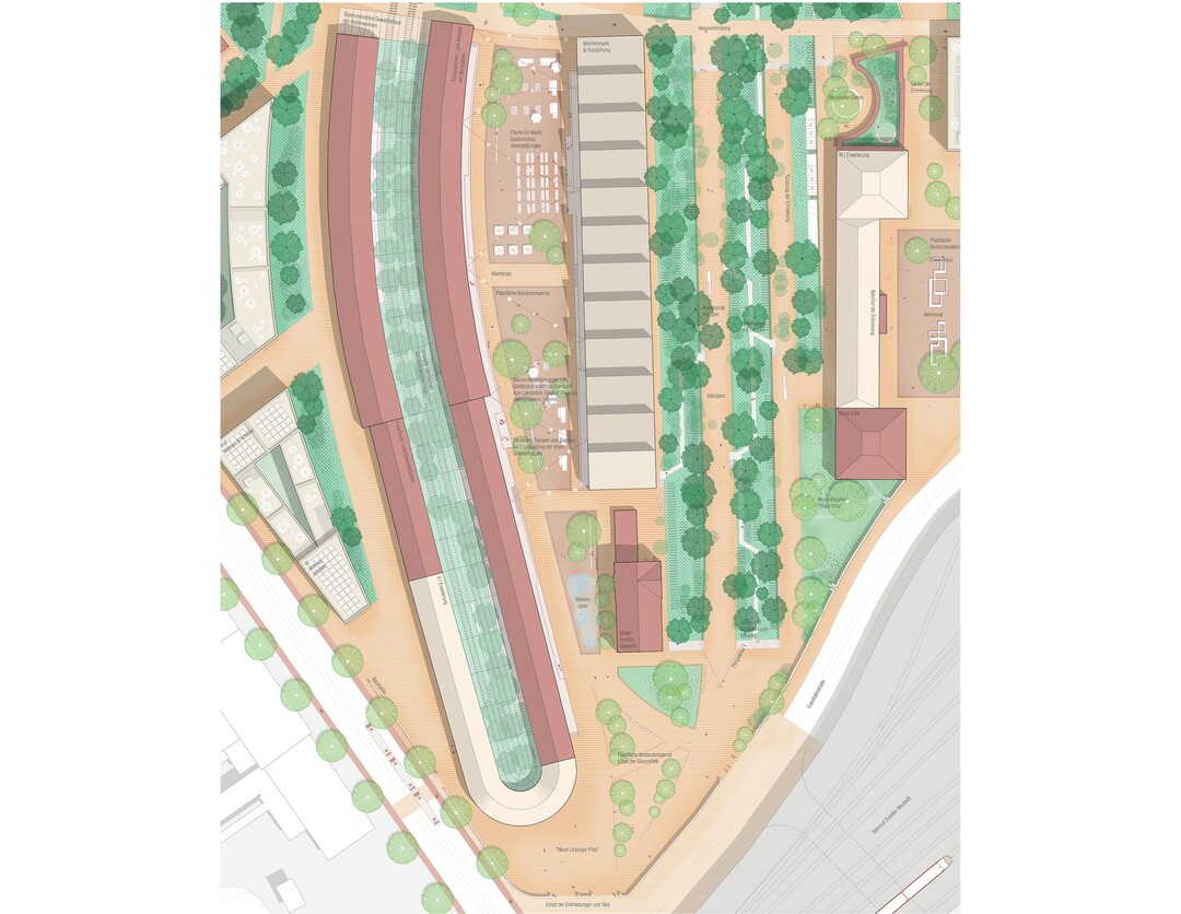 Bahnquartier: Das Bahnquartier wird aus dem Bestand heraus in mehreren Teilbereichen entwickelt:
Der Gleispark umfasst die bestehenden ehemaligen Gleisfelder und Einbauten wie Rampen und Dcher. Hier
wird die vorhandene Sukzession teilweise ausgelichtet, um mit Hochstaudenfluren, Wildstauden und
ergnzenden Baumpflanzungen halboffene, strukturreiche Habitate zu schaffen. Auf den groen Pflasterflchen
der Rampen und Ladestraen knnen Aufenthaltsmglichkeiten angeboten, auf Nebenwegen kann die
Stadtwildnis erkundet werden.  AUSZUG ENTWURFSTEXT