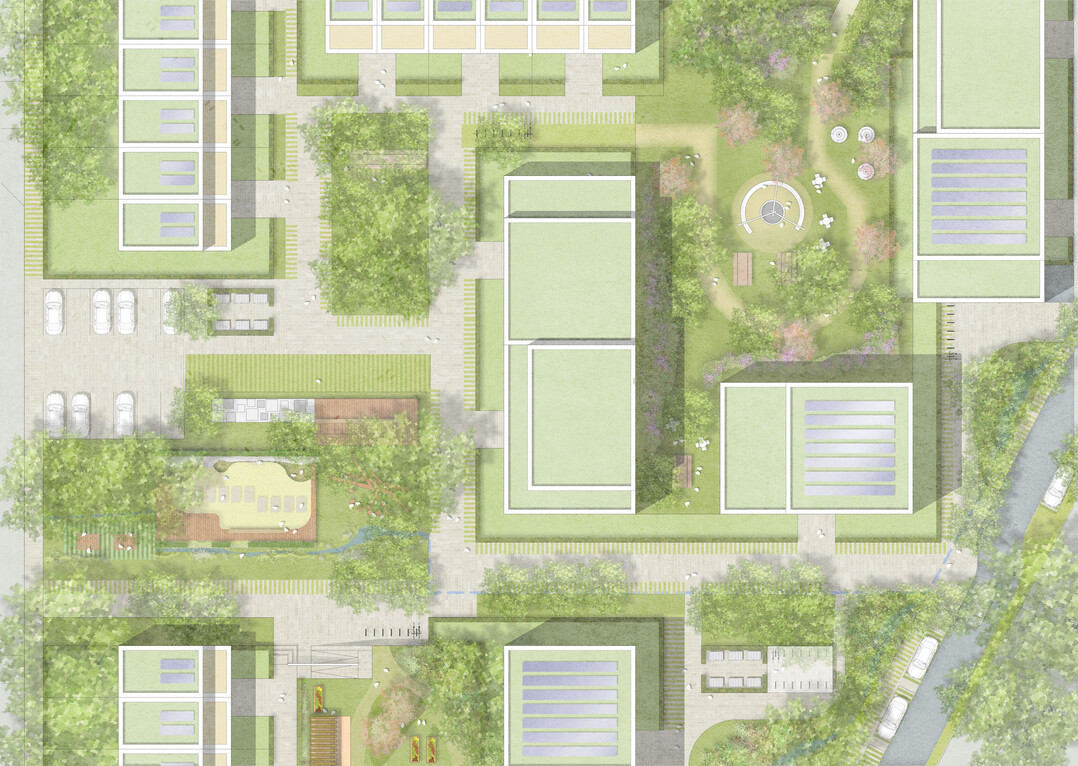 Den Mittelpunkt des Quartiers bildet ein kleiner Quartiersplatz (...) Die rumlichen Verengungen an den Platzzugngen deuten den quartiersbezogenen Charakter des Platzes an. Die ruhige Atmosphre der seitlich angeordneten begrnten Hfe kontrastiert mit dem eher ffentlichen Charakter des Quartiersplatzes und untersttzt somit seine zentrale Bedeutung. Die offene Struktur des Quartiers ermglicht die fulufige Verbindung zu den naheliegenden alten wie neuen Quartieren und Grnanlagen. Naturnahe Spielangebote in den Wohnhfen strken den sozialen Zusammenhalt und machen die Freiflchen zu lebendigen Begegnungsorten. Fest installierte Tisch-Bank-Kombinationen unter den Pergolen und ein erstes Angebot an Flchen fr Urban Farming, das bei Bedarf erweitert werden kann, ergnzen das Angebot der Aufenthaltsmglichkeiten. (AUSZUG ENTWURFSTEXT)