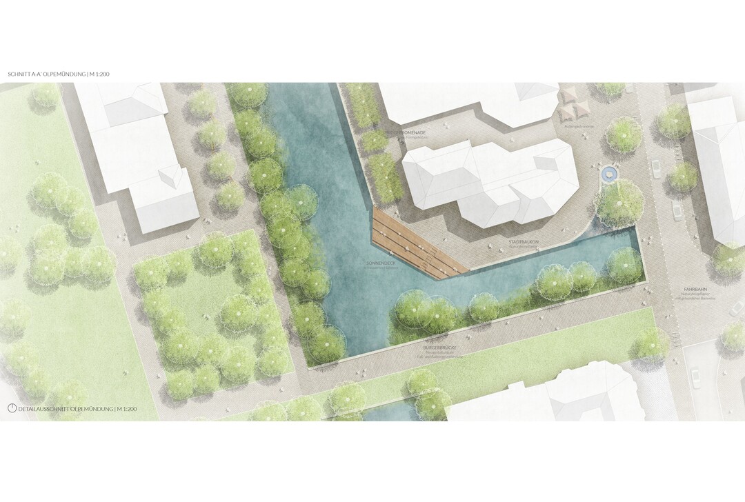 Am Zusammenfluss von Olpe in die Bigge entsteht der neue Stadtbalkon und akzentuiert den besonderen Ort; strkt das vis--vis gegenber dem neuen Brgerrathaus. Der sonnenverwhnte Stadtbalkon und das Holzdeck gegenber der Olpemndung werden zu attraktiven Treffpunkten fr die Stadtbevlkerung und fr Touristen entlang des Uferwegs. AUSZUG ENTWURFSTEXT 