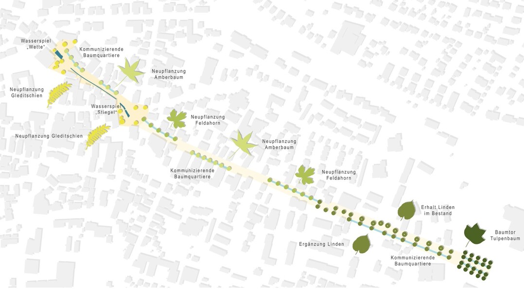 Grnkonzept: Die geplanten Manahmen des Siegerentwurfs erstrecken sich ber Neuanpflanzungen (Gleditsche, Amber, Feldahorn), den Erhalt und die Ergnzung der Lindenallee, sowie neue Elemente wie kommunizierende Baumquartiere und ein mehrreihiges Baumtor aus Tulpenbumen.