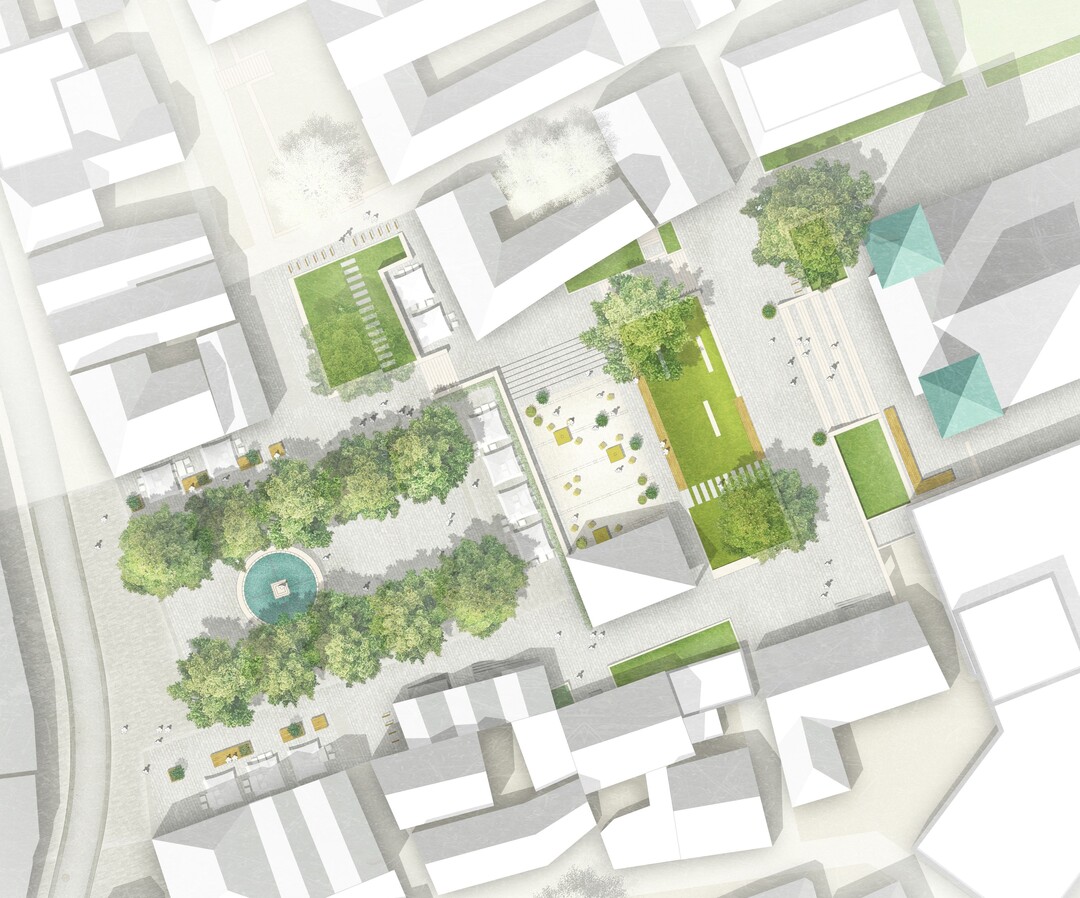 Die Verfasser gliedern den Platz nachvollziehbar in drei Zonen: Kirchvorplatz, Brgergarten und Marktplatz. Den Brgergarten verstehen sie dabei als das zentrale,
verbindende Element. Der
Brgergarten
besetzt den Platz
des ehemaligen Hauses am Markt und fllt diese Lcke. Er
besteht aus dem zum Marktplatz orientierten, unterbauten
Forum
und der
Wiese, die Kontakt zum Erdreich hat und daher auch Grobumen Platz bieten kann (...) In
der sdwestlichen Ecke des
Forums
befindet sich die offen
zugngliche
Laube, die Sonnen- und Regenschutz bietet. AUSZUG JURYPROTOKOLL