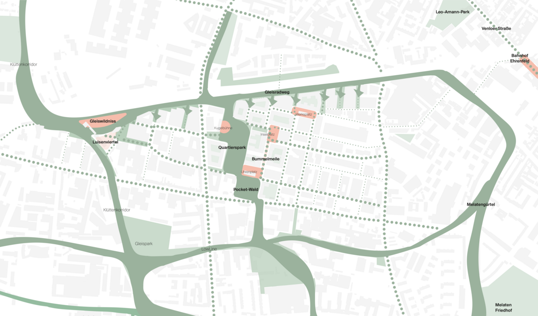 DAS QUARTIER KOMMT ZUSAMMEN: Im Gebietsbestand treffen eine grne Welt (Grnflchen- und Baumbestand) im Westen und eine rote Welt (ehemalige Metallverarbeitung und Recyclinghof) im Osten aufeinander. Das stdtebauliche Konzept erhlt diesen Kontrast und leitet fr beide Bereiche jeweils angepasste Entwurfsstrategien ab. Die grne Welt wird noch grner: Eine grne Freiraumverbindung verluft diagonal durch das Gebiet - und bildet das grne Herz des neuen Quartiers. Der ppige Baumbestand wird weitestgehend erhalten und in den zentralen Quartierspark integriert, das Grnvolumen wird erhht. (...) Die rote Welt ist Schwerpunkt der baulichen Entwicklung und geprgt durch urban-industrielles Flair: Spuren der industriellen Nutzung mischen sich hier mit grnen Hainen und prgen den Charakter der Quartiersfreirume.. (AUSZUG ENTWURFSTEXT)