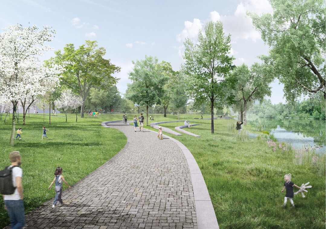 Der Mainuferpark und die Grabengärten werden als zusammenhängend erlebbarer Naherholungsraum für die
Heidingsfelder ausgebildet.
Die schwer überwindbare Seilerstraße erhält eine großzügige, attraktiv begrünte Verkehrsinsel. Durch die
Verknüpfung zwischen Stadt und Mainufer werden Barrieren reduziert und neue, übergeordnete Verbindungen
hergestellt.
Zwei Wege ordnen den Mainuferpark und verbinden die verschiedenen Bereiche miteinander. Die neue
Uferpromenade aus gesägtem Kleinsteinpflaster (Muschelkalk)– spielt sich großzügig geschwungen frei und akzentuiert so den besonderen Ort am Wasser. Sie ist für Fußgänger und
Radfahrer gemeinsam nutzbar, die Fußgänger haben jedoch Vorrang. Die freie
Wegeführung eröffnet neue spannende Blickbeziehungen, die der Uferpromenade eine neue Qualität
verleihen. (Auszug Entwurfstext)