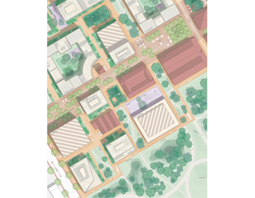 Stadtbausteine: Der nrdliche Teilbereich versteht sich als stdtebauliche Erweiterung der Leipziger Vorstadt
und fhrt die Bebauungs- und Nutzungsstruktur weiter. Die bestehenden kulturellen Nutzungen werden erhalten
bzw. im Quartier weiter entwickelt. Das Quartier wird gegliedert durch die Erschlieungsachsen der
Eventspange und den Grnen Boulevard. AUSZUG ENTWURFSTEXT