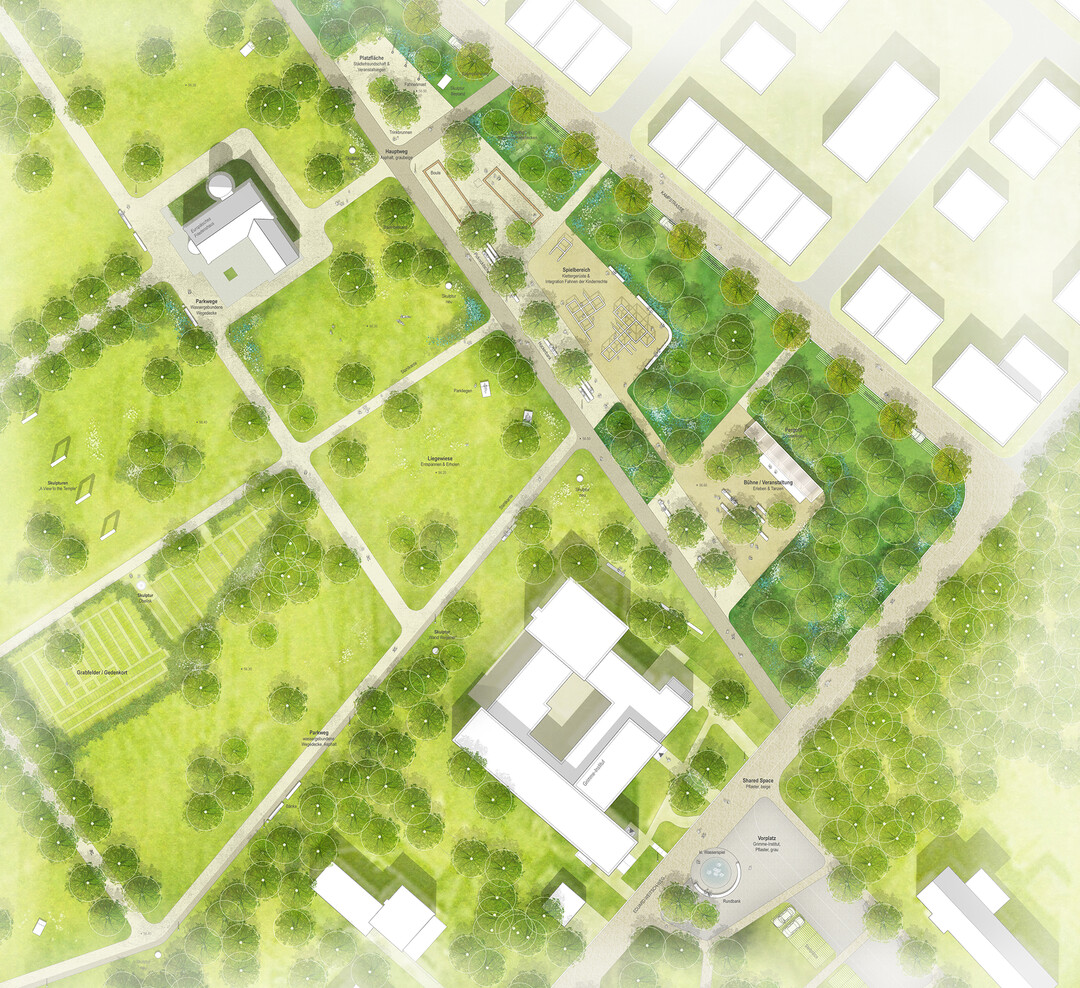 Die in den Saum eingefgten Spielbereiche liegen als geschtzte Taschen in der Pflanzung
und ffnen sich gut in Richtung Park. Da dieser Bereich mit dem Regenrckhaltebecken
unterbaut ist, mssen alle technischen Einbauten und die Bepflanzung berprft werden. (AUSZUG JURYPROTOKOLL)