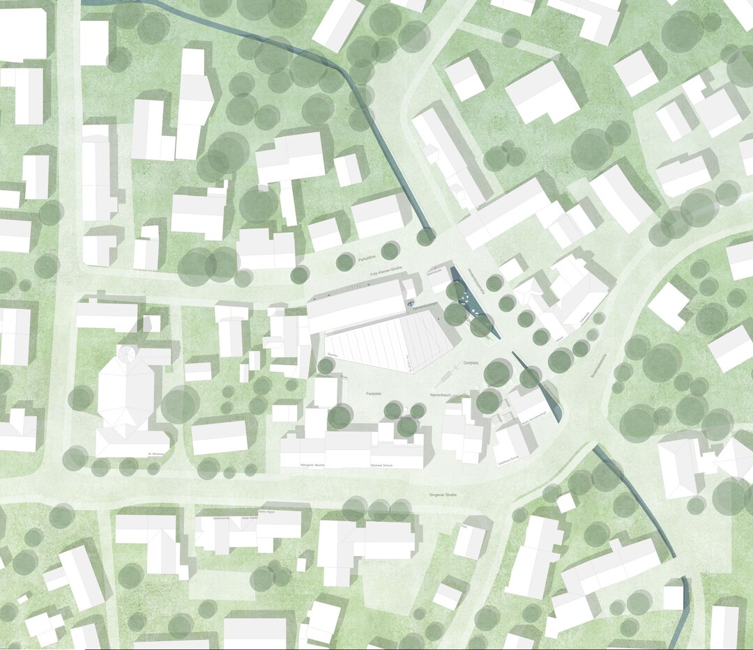 Bei der Gestaltung des Neubaus wurden das vorhandene Ortsbild und der drfliche Kontext des Ortsteils sowie der denkmalgeschtzte Gebudebestand bercksichtigt. Seine Proportionen fgen sich mit den gewnschten Raumflchen und Volumen so in die Innenhofsituation ein, dass ein grosszgiger, gut nutzbarer Dorfplatz entsteht, der sich auf selbstverstndliche Weise mit den vorhandenen Nachbargebuden und Nutzungen verwebt. Ohne das ehemalige Gehft mit Quereinhaus, Altenteil und Scheune zu bedrngen, steht das neue Gebude selbstbewusst und einladend auf dem Dorfplatz und markiert die neue Ortsmitte. AUSZUG ENTWURFSTEXT