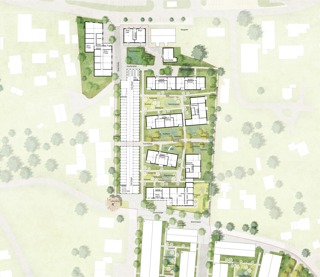 Selbstbewusst im Siedlungsgefge prsentieren sich die Baukrper entsprechend dem Duktus einer Hofstelle. Die Gruppierung gliedert sich typologisch in Wohnhaus, Reihenhaus und dem innovativen Park-Stadel um einen gemeinsam nutzbaren, begrnten Innenhof. Zwischen den einzelnen Hfen, die in naturnahe Streifrume und Wiesenfluren eingebettet sind, entstehen informell nutzbare Aneignungsflchen, Bewegungs- und Grnrume. (AUSZUG ERLUTERUNGSTEXT)