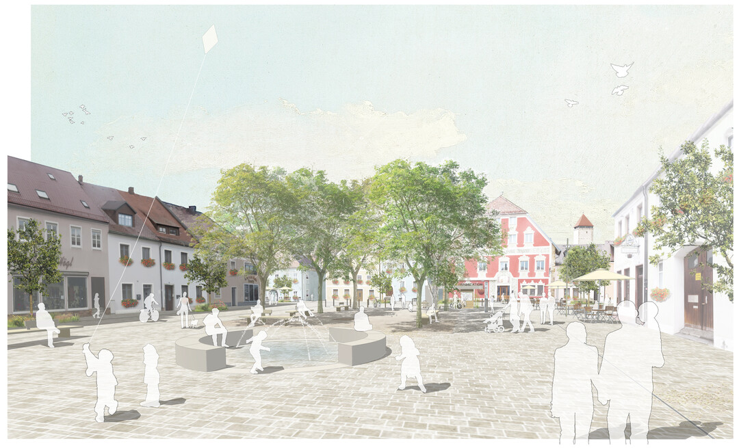 Wichtigste Manahme ist die Aufwertung
und Verbesserung der Aufenthalts- und
Erlebnisqualitt in der Altstadt. Die
Neugestaltung des Stadtraums bietet die
Chance, dem Stadtleben neue Impulse zu
geben (...) Mit der Verlegung der Fahrstrae auf
die Westseite des Marktplatzes entsteht
vor dem Rathaus ein breiter Zugangsund
Aufenthaltsraum. Die Ostseite des
Marktplatzes wird damit zu einer dichten,
belebten Zone mit Schirmen und
Tischen der Freiraumgastronomie. AUSZUG ENTWURFSTEXT