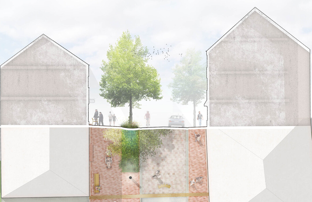 Klimatische Aspekte spielen im Entwurf eine besondere Rolle. Das punktuell bestehende Element der Baumreihen wird aufgegriffen und verdichtet (...) Die neuen Bume bringen stadtklimatisch (...) und in Kombination mit dem Regenwassermanagement (Schwammstadt) einen groen Effekt (...) Die Bume erhalten eine Unterpflanzung mit Schattenstauden. Die straenbegleitenden Khlbeete entlang der Breiter Strae werden mit wechselfeuchten Stauden und Grsern wie  Veronicastrum, Coreopsis tripteris und Iris, sowie Molinia caerula bepflanzt. Diese Beete knnen Feuchtperioden gut berstehen, kommen aber auch mit lnger anhaltenden Hitzeperioden zurecht. Die Speicherung von Niederschlagswasser ist so lnger mglich, durch die Verdunstungskhlung entstehen mikroklimatisch khlere Bereiche.   AUSZUG ENTWURFSTEXT