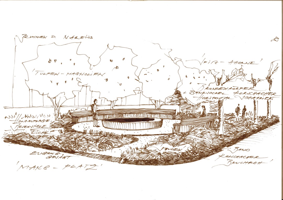 Der Mangplatz vor der Schnheitsklinik versteht sich in seiner Gestaltung als Tribut an die Schnheit, dessen Mittelpunkt ein runder Wassertisch, der Brunnen des Narciss bildet. Er wird aus dunklem Rorschacher Sandstein gebaut und ermglicht das Erhaschen des Spiegelbilds der Passanten/-innen. AUSZUG ENTWURFSTEXT