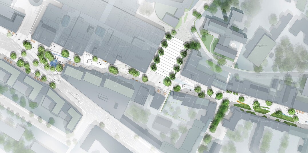 RAUMKONZEPT: Stadtrumlich betrachtet sind die Rume interessant, bieten eine Folge verschiedener Orte und sind lesbar und wahrnehmbar in ihrer Gesamtheit. Der bisherige Baumbestand, linear in Achsen mittig gepflanzt, konterkariert das schne Raumgefge. Daher entwickeln wir ein komplett neues Raumkonzept. In sieben Kapiteln. AUSZUG ENTWURFSTEXT