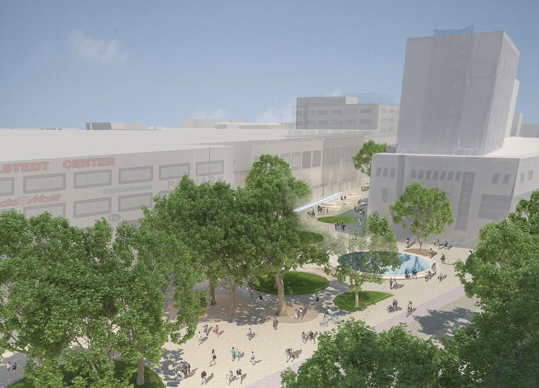 Die einzelnen Kapitel lassen sich von West nach Ost erleben, die Achse Mllner Landstrae erzhlt eine Geschichte der Rume: Entre mit Wasserspiegel im Platanenhain (1, im Bild: Vogelblick Piazza), Lounge am Billstedt Center (2), Intermezzo mit Trinkbrunnen (3), Marktplatz (4), Lounge mit Regenspiel (5), der heitere Garten (6), Lounge mit Wasserskulptur (7). 