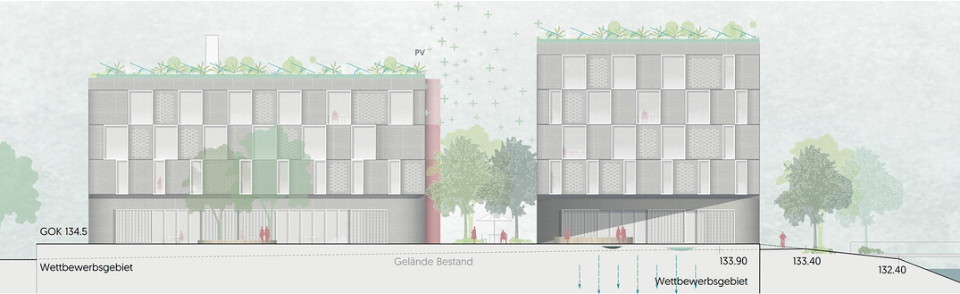 Entlang der Indestrae wird auf diese Mischung zu Gunsten von wohnvertrglichen Bronutzungen verzichtet. (...) Visuelles Leitmotiv des durchgrnten Gewerbequartiers ist die rasterartige Perforation des Belags entlang der zentralen Promenade. Sie ermglicht die ntige Durchlssigkeit und Aufnahmefhigkeit fr Niederschlag und ist Referenzsystem fr die Verortung von Bumen und Sitzmbeln. So bildet sich eine spielerische grne Spur durch das Quartier. Groflchige, abgesenkte Bereiche in der Grnen Fuge und auf dem Vorplatz an der Indestrae knnen schadlos berflutet werden und temporr grere Wassermengen aufnehmen. Alle Dachflchen werden groflchig begrnt und Teil des Retentionsystems. (AUSZUG ERLUTERUNGSTEXT)