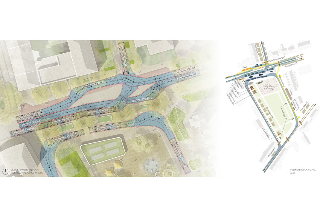 Der neue Busknotenpunkt, welcher die Linien 140, 160/161 und 183 abdeckt, wurde platzsparend und funktional im Norden des Brgerforums verortet, um die Nhe zur Station Ernestinenstrae an der Gelsenkirchener Strae beizubehalten. AUSZUG ERLUTERUNGSTEXT