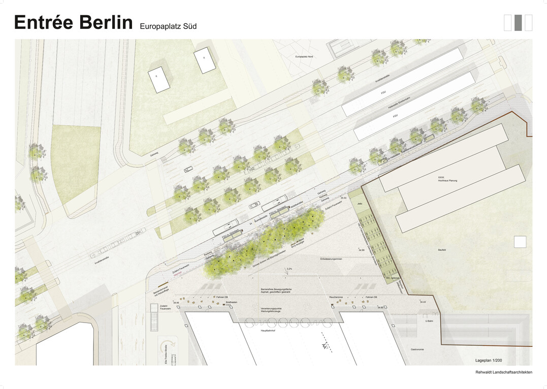 Ein Hauptelement des Konzeptes ist der Grne Schirm, der sich gegenber dem Bahnhofsgebude
befindet. Als eine unregelmige Pflanzung hoch aufgeasteter Bume formt sich ein durchlssiger Raum,
der einerseits eine Abschirmung zur Invalidenstrae herstellt, andererseits auch einen atmosphrischen
Aufenthaltsort schafft. Die lebhafte Struktur der ste und Bltter erzeugt zu allen Jahreszeiten ein flirrendes
Spiel von Licht und Schatten. In die Baumkronen werden Nisthhlen eingehngt, um fr verschiedene
Vogelarten entsprechende Lebensrume anzubieten. (AUSZUG ERLUTERUNGSTEXT)