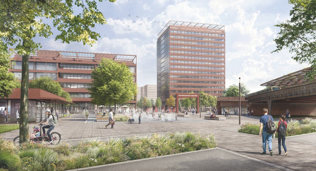 Der freirumliche Entwurf setzt auf ein kohrentes Zusammenwirken des Bestehenden und des Neuen. Als historische Reminiszenz werden wichtige Blick- und Raumbeziehungen der architektonischen Kulisse aus Schaltwerkhochhaus und Verwaltungsgebude ebenso ermglicht, wie die Wirkung und Wahrnehmung der neuen Architekturen in Form des Atriumhauses, des Pavillons und des Hochhauses. (...) Den Aspekten der Nachhaltigkeit und digitalen Zugnglichkeit von Stadt und Quartier werden dabei in den Freirumen bedeutende Rollen zugeschrieben.(AUSZUG ENTWURFSTEXT)