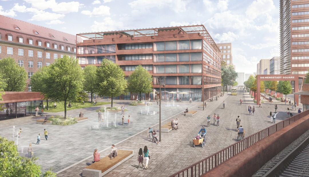 Das neue Entre zur Siemensstadt bildet fr die Besucher eine offene, einladende, urbane und blaugrne Bhne auf der spaziert, verweilt und kommuniziert werden kann. (AUSZUG ENTWURFSTEXT)