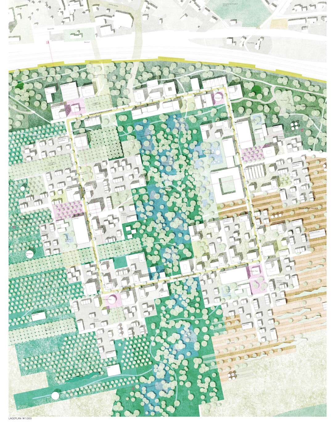Zonierung, Parzellierung, Erschlieung, Gliederung durch Baumraster. Bume und Vegetationsstrukturen schaffen die Grundstruktur und stecken Eigentumsverhltnisse und Zustndigkeitsbereiche ab. Durch Vegetation entsteht das Gerst des Quartiers, Erschlieung, Parzellierung, prgende ffentliche Rume. (...) Ein territoriales und flexibles Grundraster, Typenbauweise, offene Siedlungstrukturen ermglichen Vernderung, Wandel und das Erweitern und Andocken von Bebauungs- und Freiraumstrukturen. (AUSZUG ERLUTERUNGSTEXT)