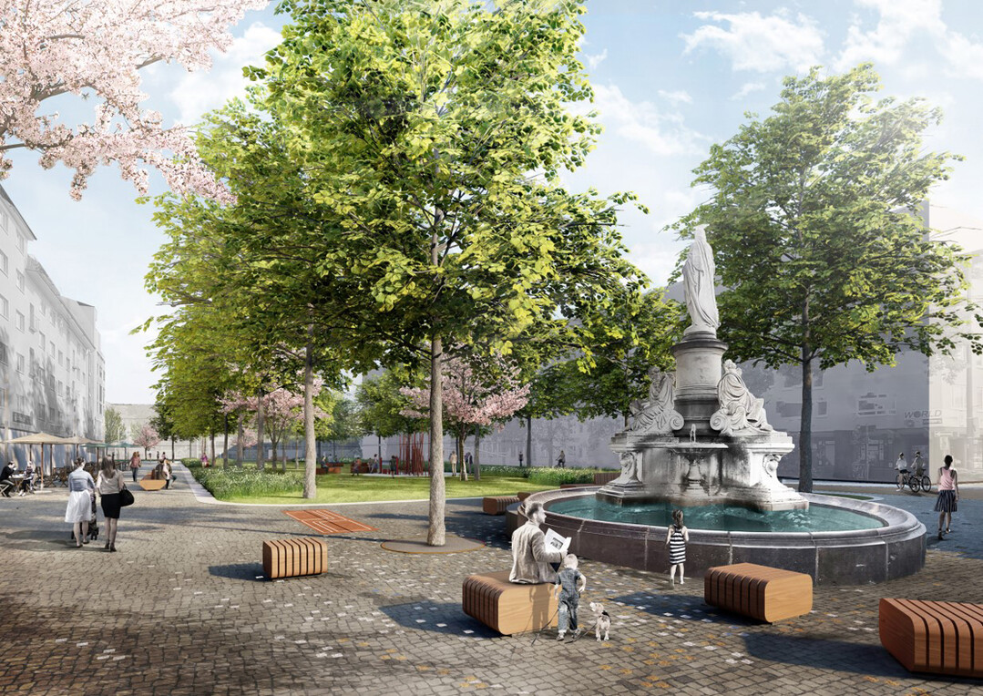Die Gestaltung des Vorplatzes an der Stiftskirche ergnzt behutsam den Bestand. Sitzhocker und eine durchgngige Pflasterung analog zum Brunnenplatz setzt den Stiftsplatz ber die Klnstrae fort und schafft optisch eine Einheit. Der Straenbelag wird farblich an das Basaltpflaster angepasst, der bergang mit Grosteinpflaster nachgezeichnet. [Auszug Erluterungstext | scape Landschaftsarchitekten]