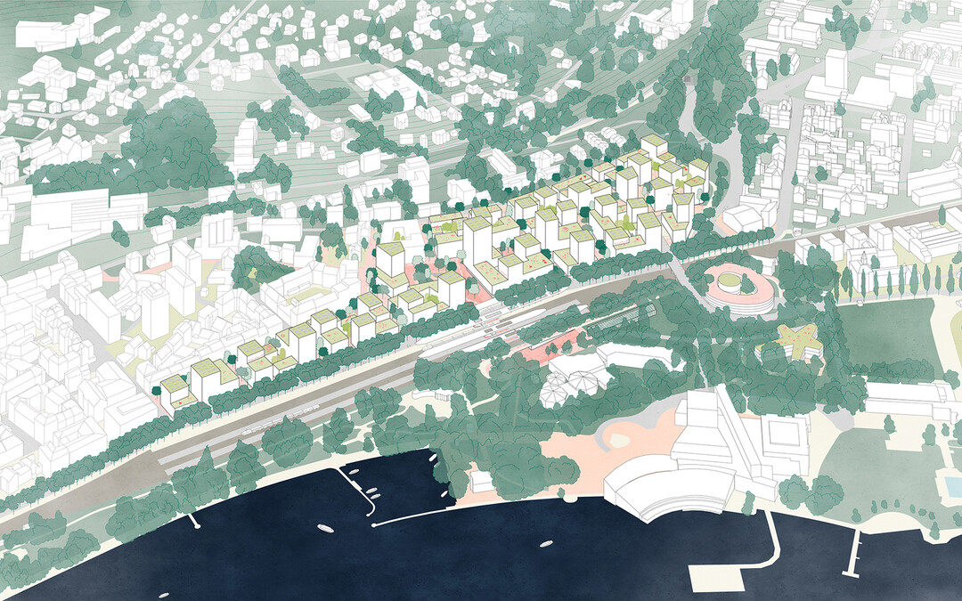 Eben. Oben. Unten ist eine aus dem Potenzial des Ortes heraus entwickelte stdtebauliche Vision fr
Bregenz Mitte  ein neues Verhltnis zwischen Horizont und Hang  eine Mitte zwischen Seeufer und
Oberstadt. (...)Das engmaschige Gewebe von Bregenz Mitte verknpft das Quellenviertel mit dem historischen
Zentrum und die Obere Stadt mit dem Seeufer. (...)Das erweiterte Stadtgewebe von Bregenz Mitte bildet einen charmanten Kontrapunkt zu den beiden
Solitrlandschaften der Oberen Stadt und des Seeufers. (AUSZUG ERLUTERUNGSTEXT)