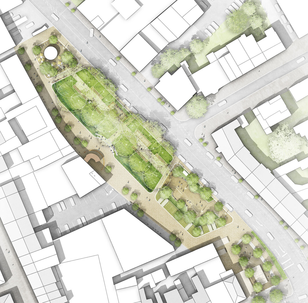 Auszug Entwurfstext:Der Entwurf sieht vor, die historische Stadtmauer wieder sichtbar zu machen, den Platz intensiv durch vielfltige Nutzungen zu bespielen und so als lebendigen Teil des Zentrums zu aktivieren. Der neue Ort der Begegnung wird dabei klar in vier Bereiche gegliedert. Um den im Norden gelegenen Pavillon entsteht eine Platzflche mit Caf: Die Caf-Plaza, die als Treffpunkt und Veranstaltungsort fr kleine Kulturevents dienen kann. Die zentrale Flche rund um den wertvollen Platanenbestand wird zum grnen, schattenspendenden Baumhain und zum Ort des Gedenkens  hier gibt es eine Gedenksttte mit Rckriem-Stele. Ein Rondell entlang der ehemaligen Stadtmauer bietet Sitzmglichkeiten; im Sden wird mit der Aktivitts-Plaza eine multifunktionale Platzflche geschaffen, die auf Jugendlichen der Stadt eine besondere Anziehungskraft als Treffpunkt und Aufenthaltsort ausbt und fr die gesamte Raumaktivierung von groer Bedeutung ist. "