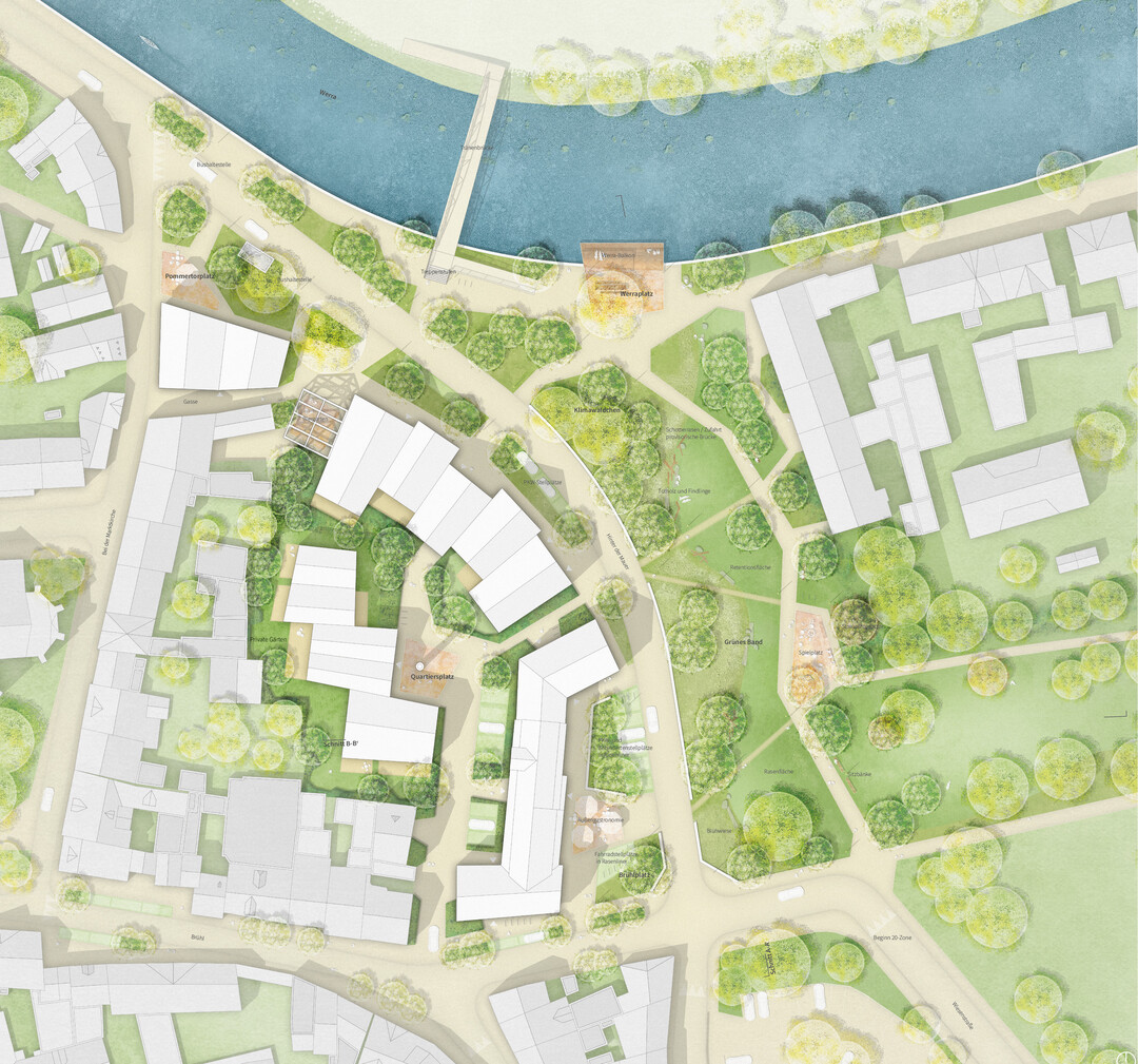 Am Werra-Ufer mndet der Park auf einem Platz und ffnet sich mit einem terrassierten Holzdeck zum Wasser. Ergnzt mit einer langen Picknick-Tafel schafft der Werra-Balkon neue Aufenthaltsqualitten am Ufer. Die neue, grne Infrastruktur in Form der Werra Wiesen schafft neue Verbindungen im Quartier, zur Altstadt und zu umliegenden Landschaftsrumen. Die Stadttore Brhl und Pommertor werden durch kleine, zusammenwirkende Platzsituationen gestrkt und knnen unter anderem gastronomische Angebote anbieten. (AUSZUG ENTWURFSTEXT)