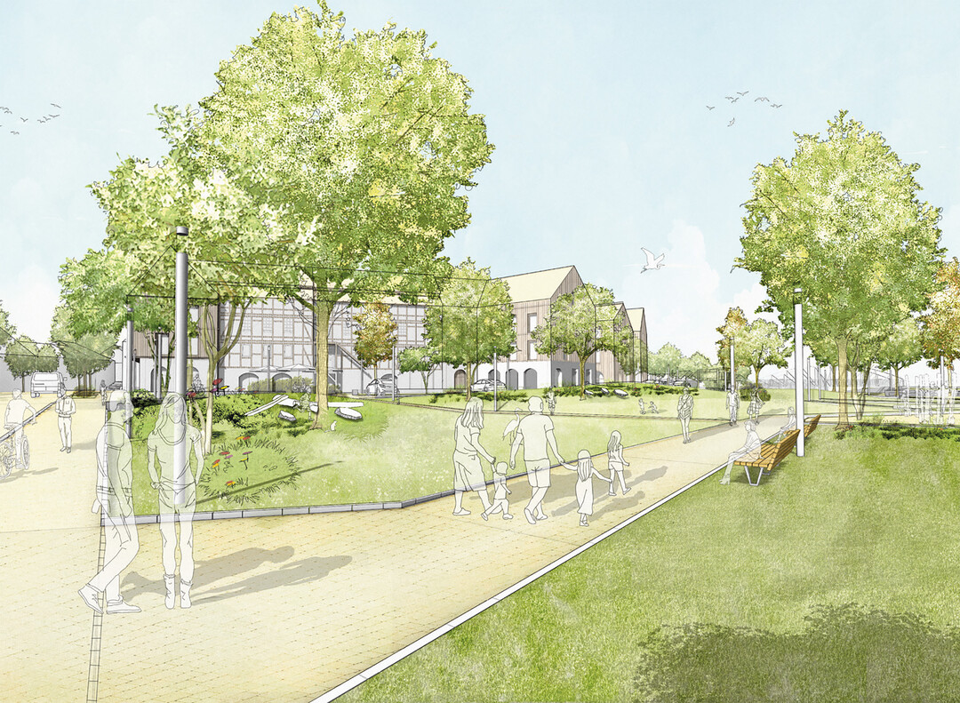 Die Haupterschlieung des Parks verluft von Sden nach Norden. Aus dem angrenzenden Quartier heraus gibt es untergeordnete Verbindungswege, die allesamt auf den Hauptweg fhren. Entlang des Weges befindet sich eine neue Spielplatzflche, die das bestehende Sport- und Spielangebot am stlichen Schwanenteich ergnzt. Mit Bezug zur nahegelegenen Kita und aufgrund der neuen Erlebbarkeit von Stadtnatur entsteht zudem eine Streuobstwiese, die einen Beitrag zur Essbaren Stadt leistet.
Die neugewonnene Grnflche gliedert sich in eine offene Nutzrasen-/Spiel- und Liegeflche und in topografisch leicht berhhte und extensive Wiesenbereiche, die der Entwicklung von Biodiversitt dienen. (...) Als Abgrenzung der Flchen, werden verschiedene Naturmaterialien  wie Natursteine und Totholzbalken  arrangiert, welche bespielt werden knnen oder zum Sitzen und Erleben der Werra Wiesen einladen. Der vorhandene Baumbestand wird erhalten und im Norden der Grnflche durch Neupflanzungen zu einem Klimawldchen entwickelt.(AUSZUG ERLUTERUNGSTEXT)