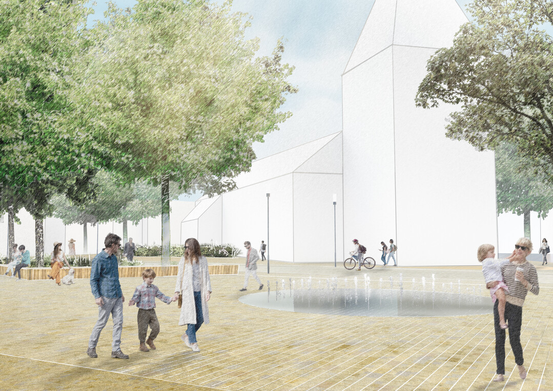 Zwischen den markanten Bauwerken der Alten Post und Rathaus, sowie der Evangelischen Kirche eingespannt liegt das Platzinlay als bewusste Geste im Freiraum. (...) Das Fontnenfeld in der Platzmitte bespielt diesen und schafft eine angenehme Platzatmosphre zum Verweilen und Spielen. AUSZUG ERLUTERUNGSTEXT